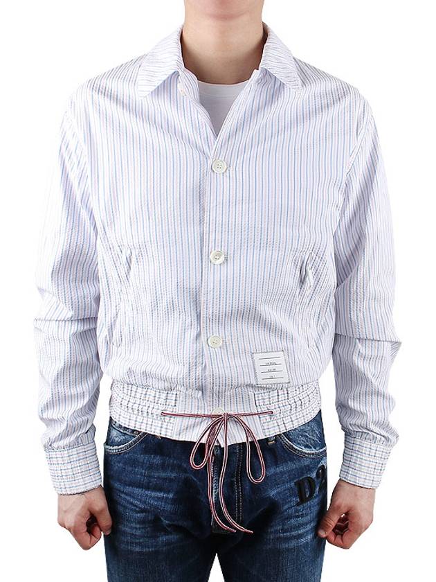 Drawstring Striped Shirt Jacket Light Blue - THOM BROWNE - BALAAN 3