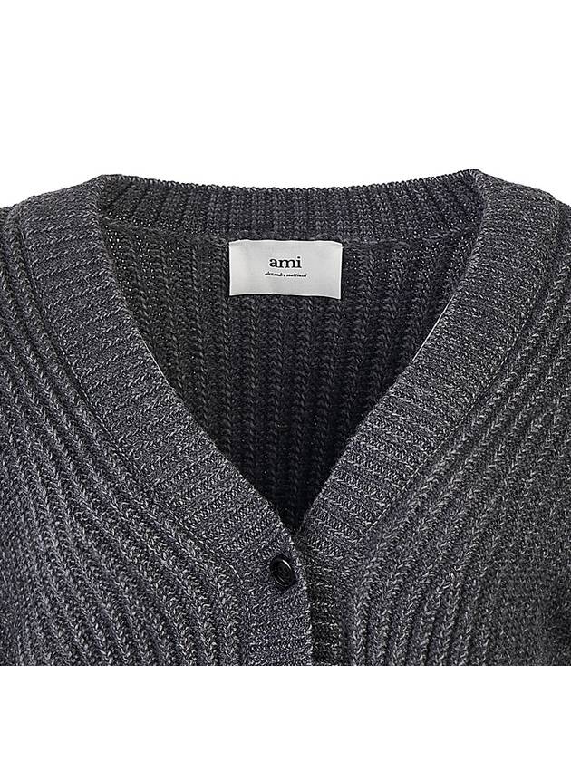 V-neck Ribbed Wool Crop Cardigan Grey - AMI - BALAAN 5