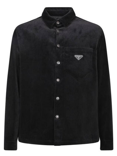 Corduroy Enamel Triangle Logo Long Sleeve Shirt Black - PRADA - BALAAN 1