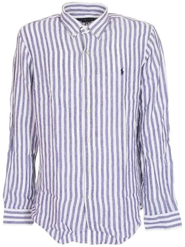 Logo Stripe Linen Long Sleeve Shirt Blue - POLO RALPH LAUREN - BALAAN 1