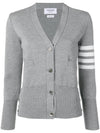 Milano Stitch 4 Bar Classic V Neck Fine Merino Wool Cardigan Grey - THOM BROWNE - BALAAN.