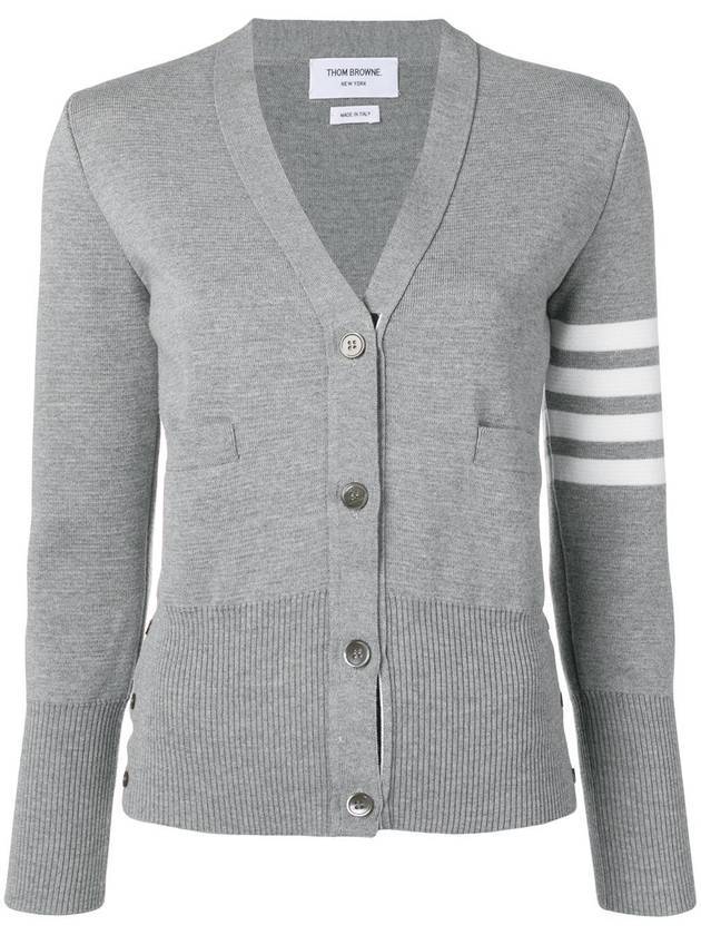 Milano Stitch 4 Bar Classic V Neck Fine Merino Wool Cardigan Grey - THOM BROWNE - BALAAN 1