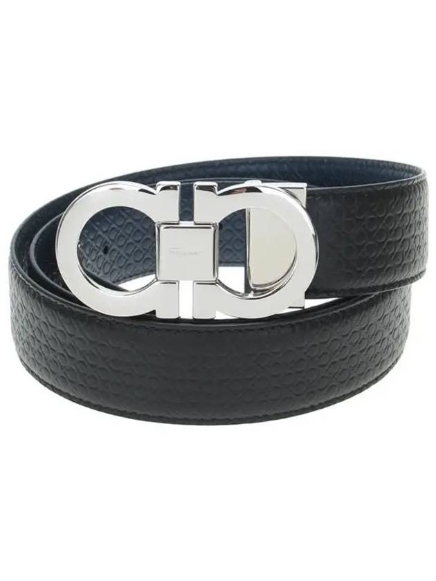 Double Gancini Reversible Leather Belt Black Fiore Blue - SALVATORE FERRAGAMO - BALAAN 2