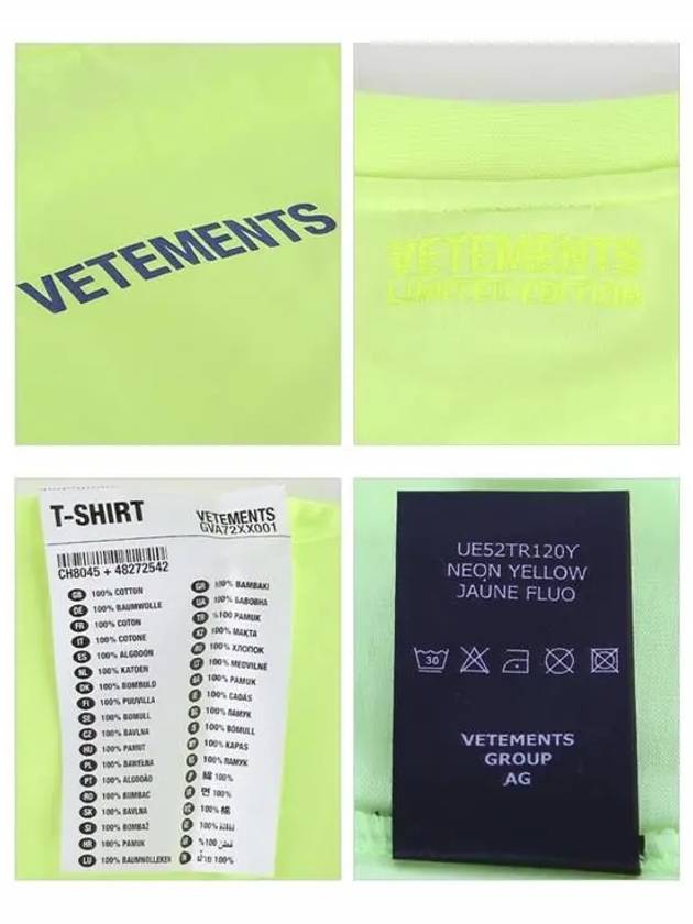 Logo Label Short Sleeve T-Shirt Neon Yellow - VETEMENTS - BALAAN 5