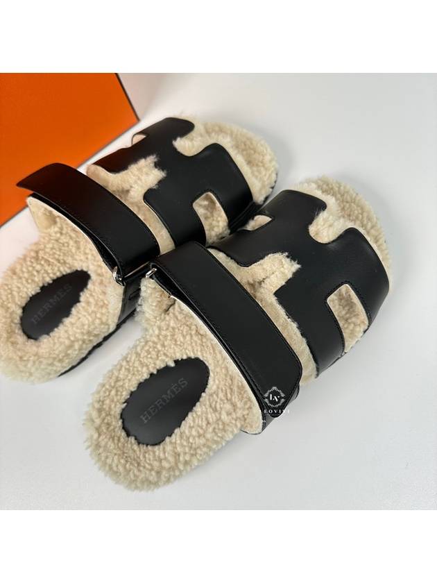 Chypre Calfskin Woolskin Sandals Noir - HERMES - BALAAN 5