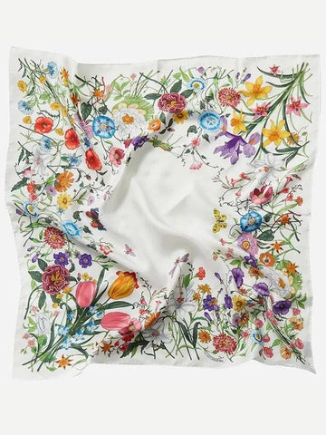 Floral Print Silk Twill Square Scarf White - GUCCI - BALAAN 1