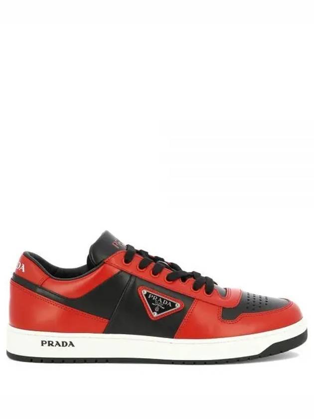 Men'S Downtown Triangle Logo Leather Low Top Sneakers Red - PRADA - BALAAN 2