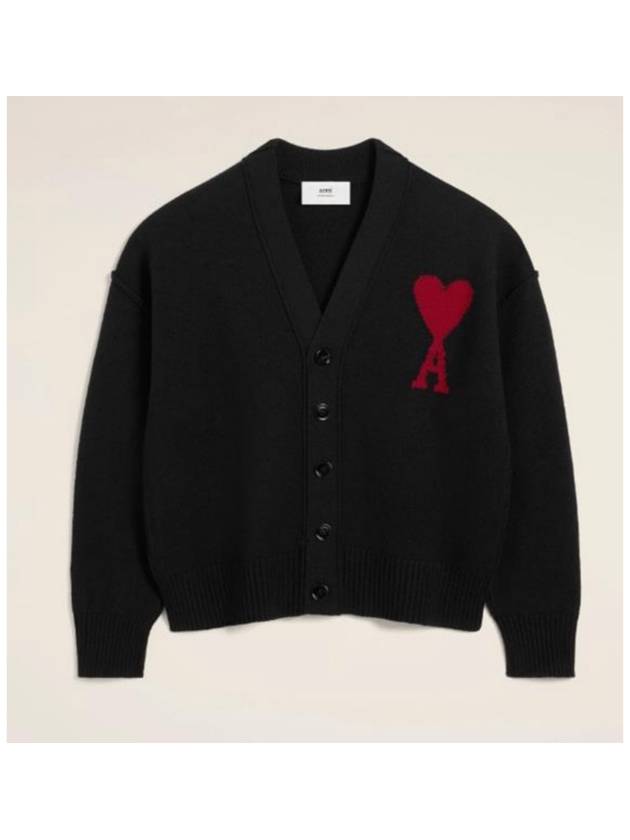 Heart Logo V Neck Wool Cardigan Black - AMI - BALAAN 2