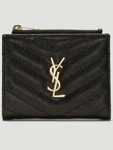 YSL Monogram Logo Chevron Quilted Leather Top Zipper Fold Wallet Medium Wallet - SAINT LAURENT - BALAAN 1