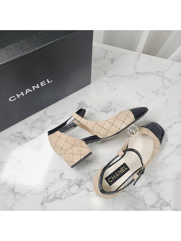 Mary Jane Suede Enamel Beige Black Strap Shoes 36 G39383 - CHANEL - BALAAN 7