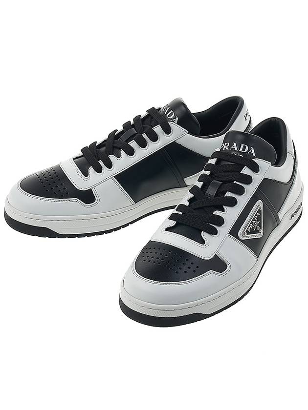 Men's Downtown Triangle Logo Leather Low Top Sneakers Black White - PRADA - BALAAN 2