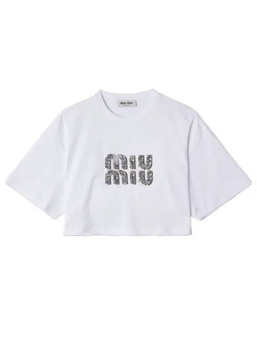 Embroidered Crop Cotton T Shirt White Crystal Short Sleeves Sleeve Tee - MIU MIU - BALAAN 1