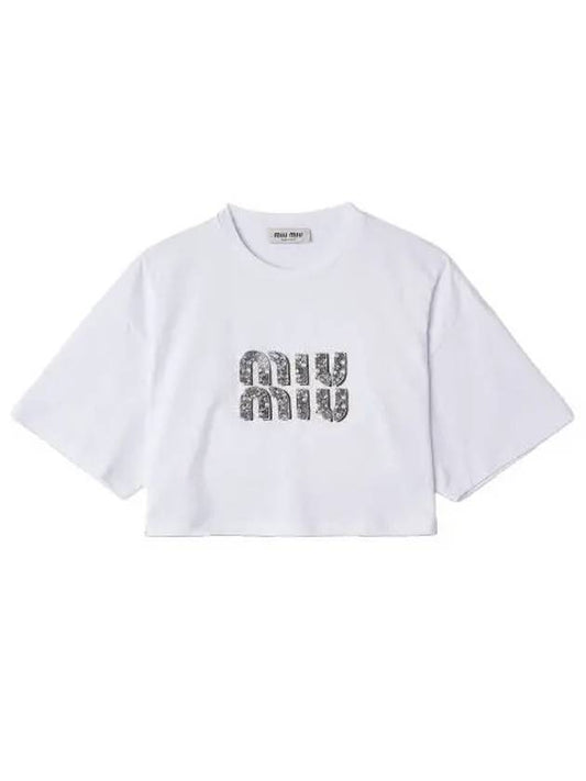 Embroidered Crop Cotton T Shirt White Crystal Short Sleeves Sleeve Tee - MIU MIU - BALAAN 1