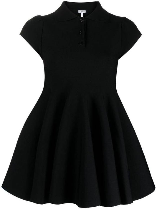 Polo Collar Viscose Short Dress Black - LOEWE - BALAAN 1