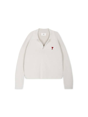 Small Heart Long Sleeve Polo Shirt White - AMI - BALAAN 1