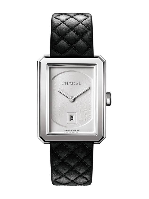 Boyfriend Calfskin Quilted Pattern Strap Small Watch Silver Black - CHANEL - BALAAN.