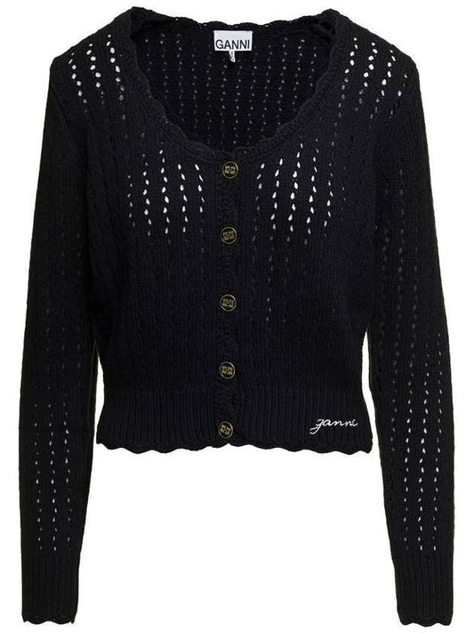 Lace Low One-Neck Cardigan Black - GANNI - BALAAN 1