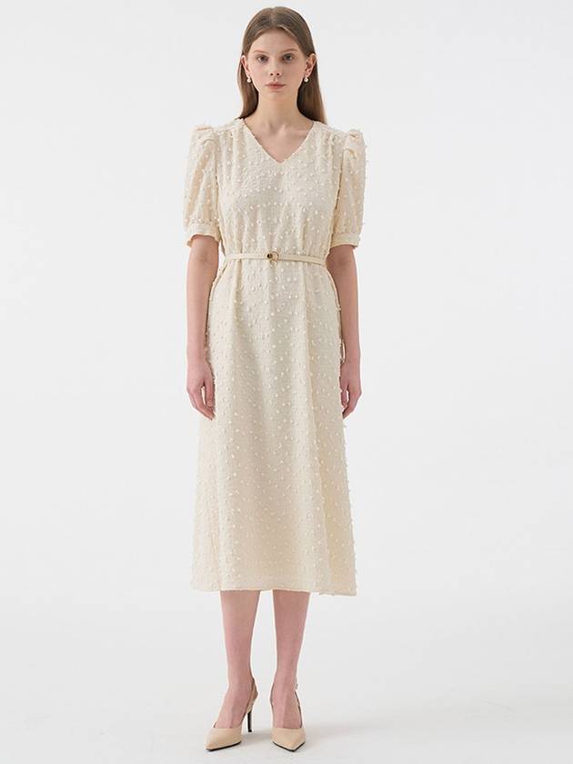 Women's Lucia V-neck puff half-sleeve belted midi dress ivory - AME - BALAAN 2