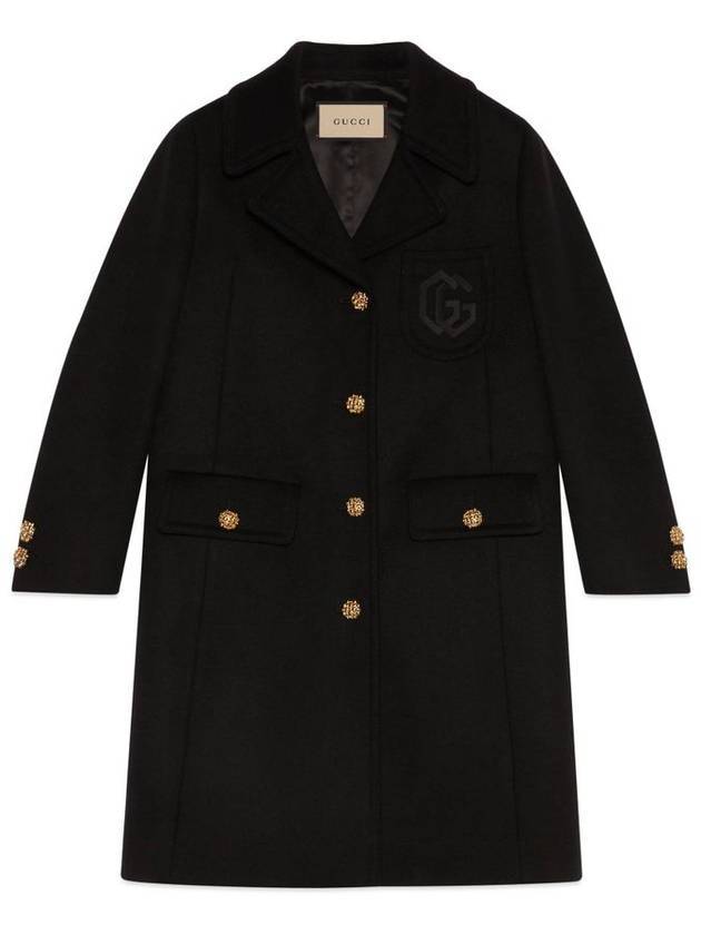 Women's Double G Embroidery Wool Single Coat Black - GUCCI - BALAAN.