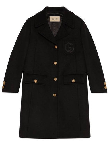 Women's Double G Embroidery Wool Single Coat Black - GUCCI - BALAAN 1