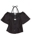 Double Satin Fitted Open Neck Blouse Black - GANNI - BALAAN 2