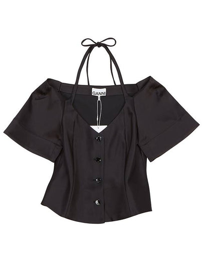 Double Satin Fitted Open Neck Blouse Black - GANNI - BALAAN 2