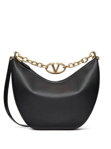 V Logo Moon Leather Medium Shoulder Bag Black - VALENTINO - BALAAN 1