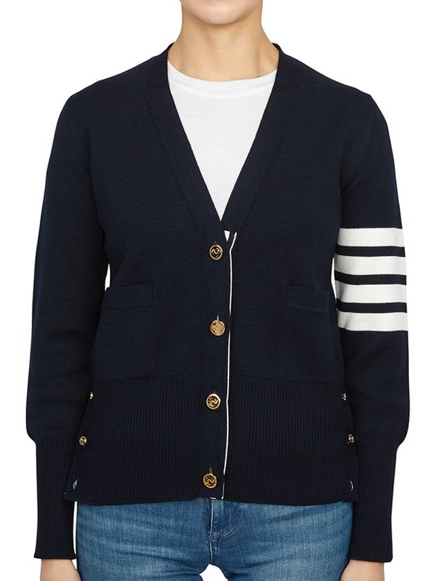 Milano Stitch 4 Bar Classic V Neck Fine Merino Wool Cardigan Navy - THOM BROWNE - BALAAN 3