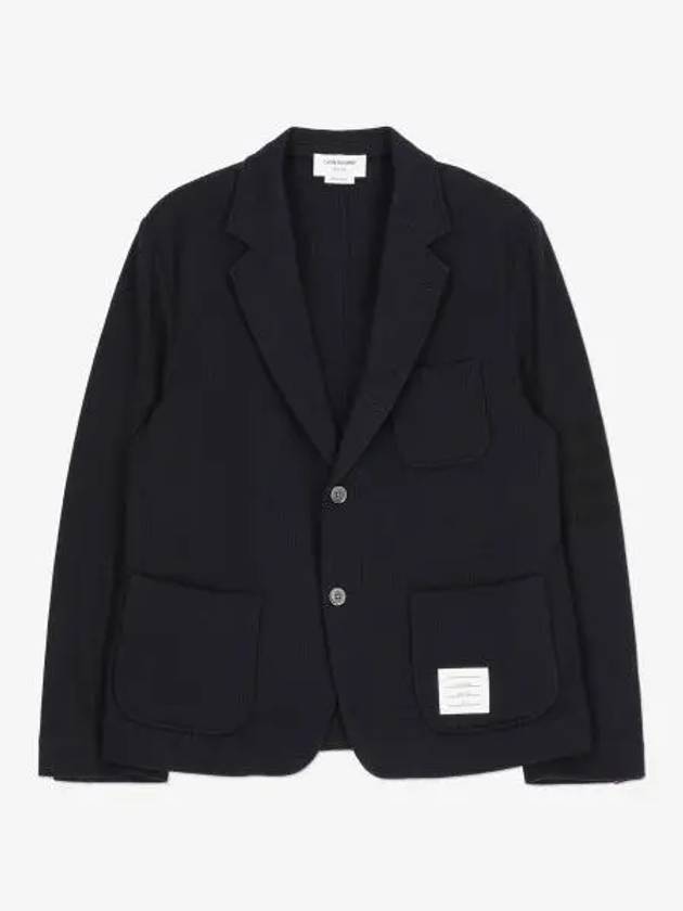 Men's 4 Bar Seesucker Loopback 4 Bar Sack Cardigan Navy - THOM BROWNE - BALAAN 2