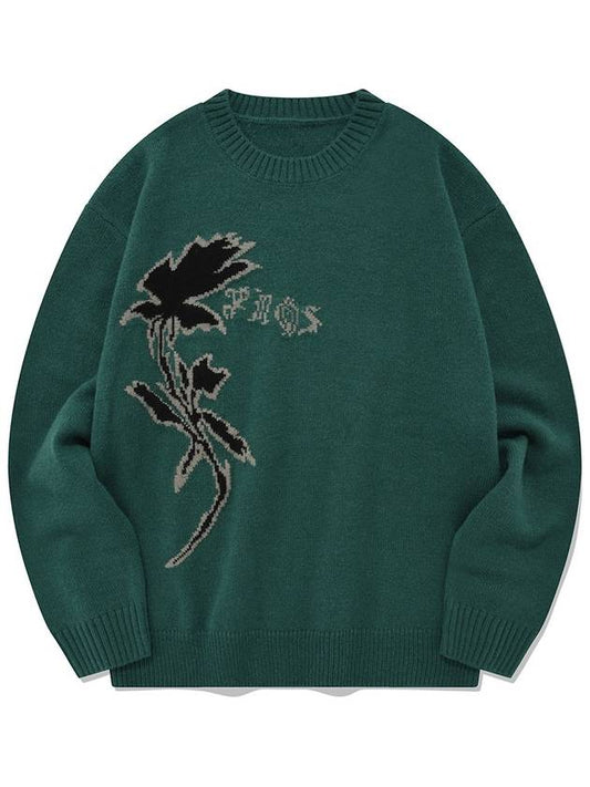 Warped Rose Knit PulloverTeal Unisex Graphic Knit Top Green - PHOS333 - BALAAN 2