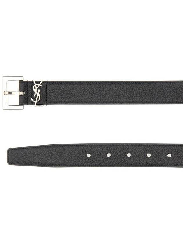 Grained Leather Silver Monogram Belt Black - SAINT LAURENT - BALAAN 5