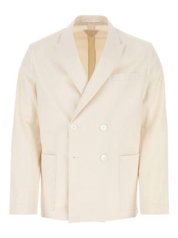 Men's Double Breasted Cotton Jacket Ivory - PRADA - BALAAN 1