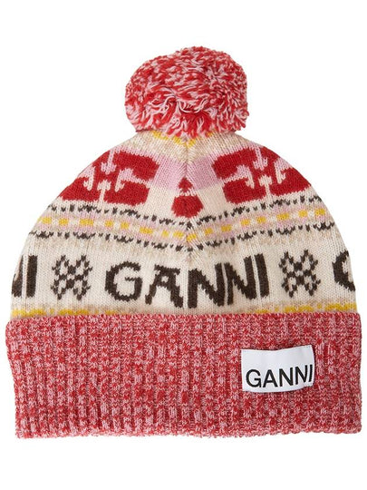 Logo Graphic Intarsia Knit Beanie Red - GANNI - BALAAN 2