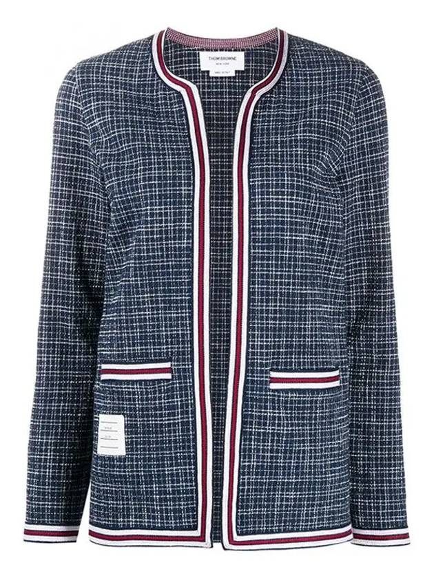 Women's Small Hairline CheckTweed Cardigan Navy - THOM BROWNE - BALAAN 2