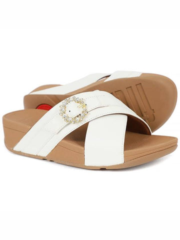 Lulu Crystal Buckle Leather Cross Slippers Cream - FITFLOP - BALAAN 1