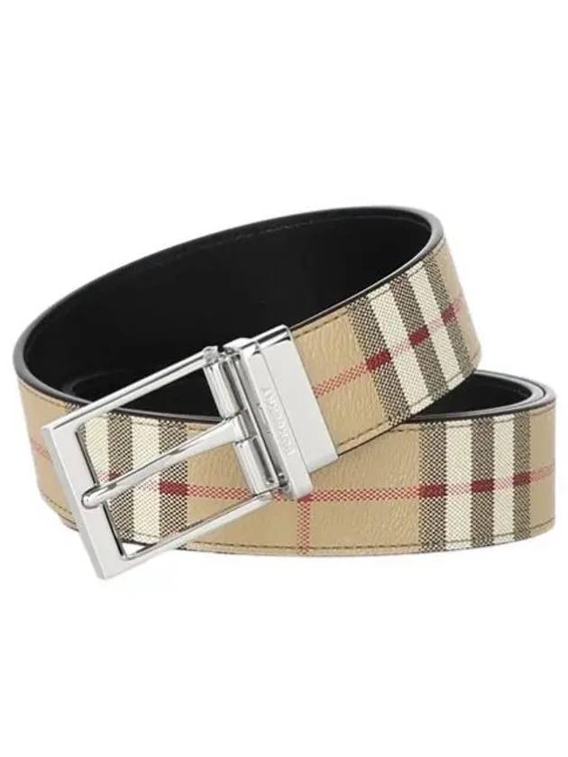 Square Buckle Check Reversible Coated Fabric Leather Belt Beige - BURBERRY - BALAAN 2