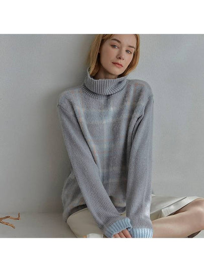 Women's Check Knit Turtleneck Gray - TINA BLOSSOM - BALAAN 2