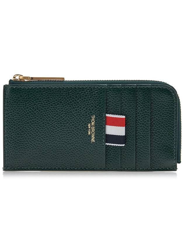 Stripe Zip Around Pebble Grain Leather Card Wallet Dark Green - THOM BROWNE - BALAAN 2