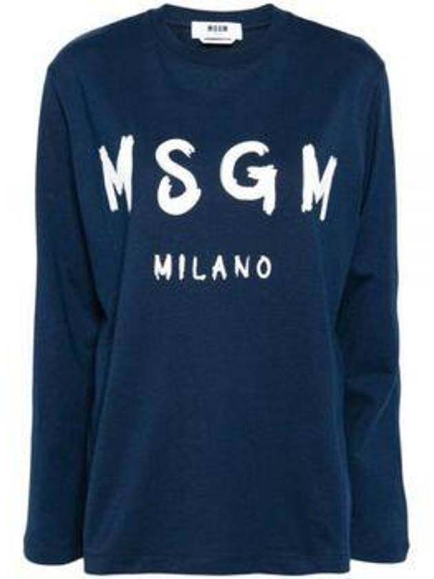 Brushed Logo Cotton Long Sleeve T-Shirt Navy - MSGM - BALAAN 2