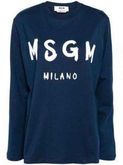 Brushed Logo Cotton Long Sleeve T Shirt Navy - MSGM - BALAAN 2