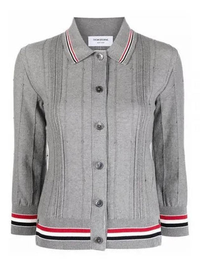 High Twist Cotton Stripe Polo Cardigan Grey - THOM BROWNE - BALAAN 2