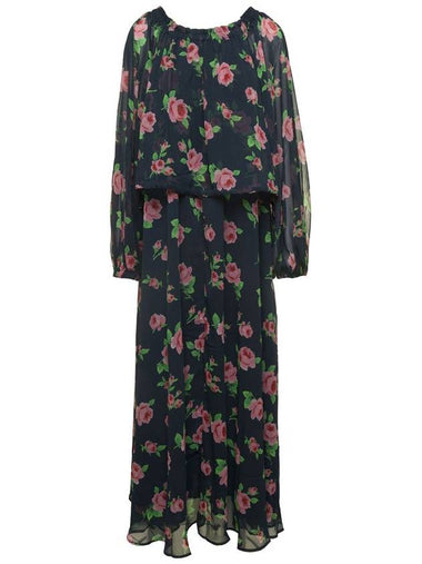 Maxi Multicolor Dress With All-Over Roses Print In Chiffon Woman - ROTATE - BALAAN 1