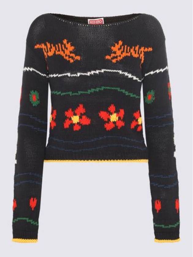 Flower Crop Cotton Linen Blend Knit Top Black - KENZO - BALAAN 2