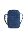 Men's Intrecciato Zippered Leather Mini Cross Bag Navy Blue - BOTTEGA VENETA - BALAAN.