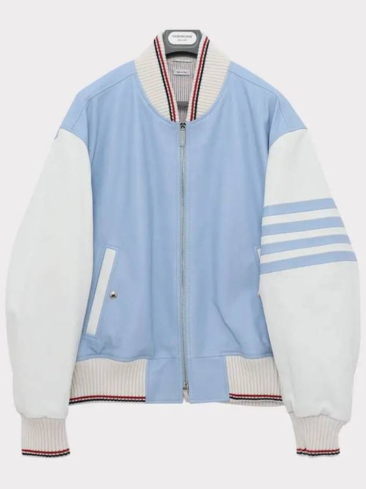 Lamb Leather Oversized Jacket Light Blue - THOM BROWNE - BALAAN 2