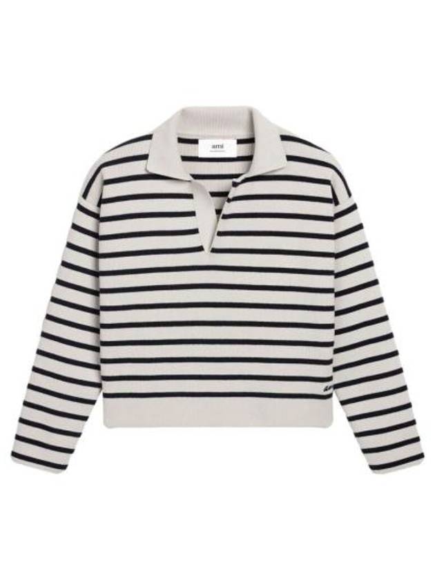 Embroidery Logo Sailor Stripe Polo Knit Top Black White - AMI - BALAAN 2