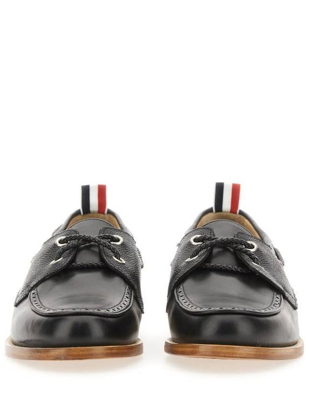 Men's Vitello Calf Leather Boat Shoes Black - THOM BROWNE - BALAAN 5