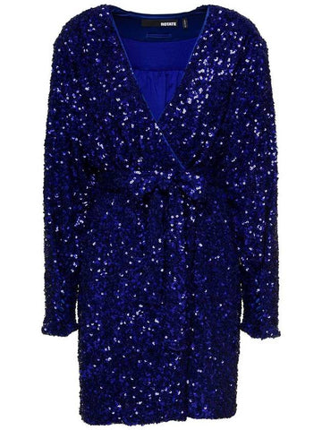 Mini Blue Wrap Dress With All-Over Sequins In Stretch Polyester Woman Rotate - ROTATE - BALAAN 1