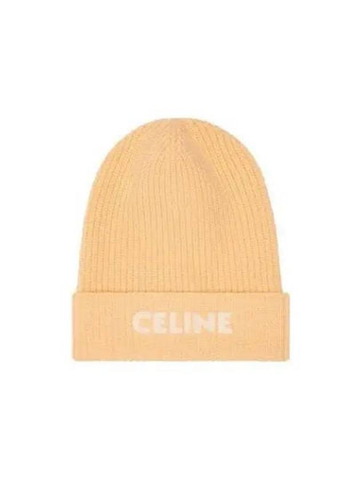 Embroidered Logo Ribbed Wool Beanie Pale Yellow - CELINE - BALAAN 2