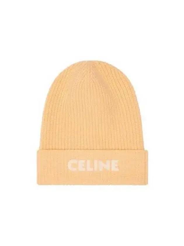 Embroidered Logo Ribbed Wool Beanie Pale Yellow - CELINE - BALAAN 2